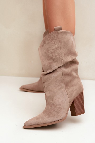 Women's Beige Suede Ankle Boots With Ruching On Block Heel Inela