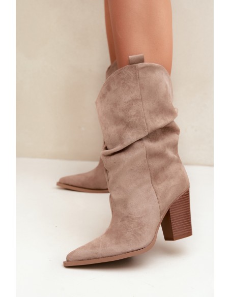 Women's Beige Suede Ankle Boots With Ruching On Block Heel Inela