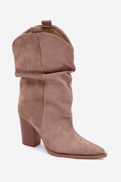 Women's Beige Suede Ankle Boots With Ruching On Block Heel Inela 2