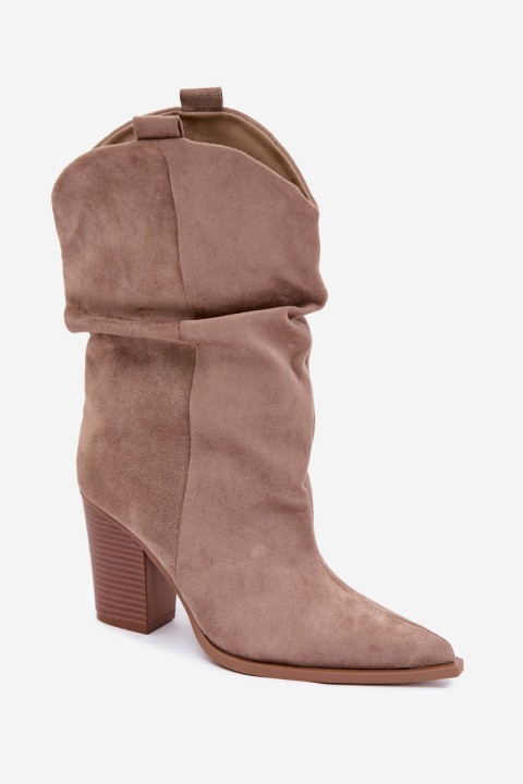 Women's Beige Suede Ankle Boots With Ruching On Block Heel Inela