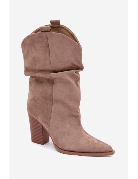 Women's Beige Suede Ankle Boots With Ruching On Block Heel Inela