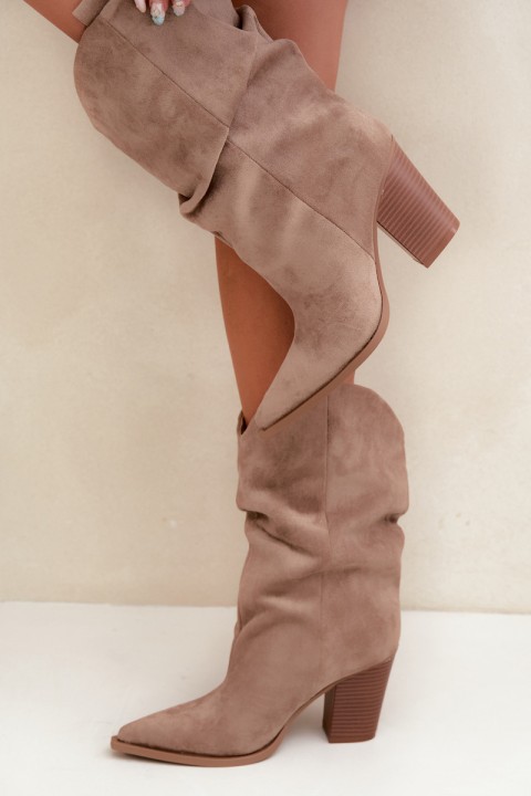 Women's Beige Suede Ankle Boots With Ruching On Block Heel Inela