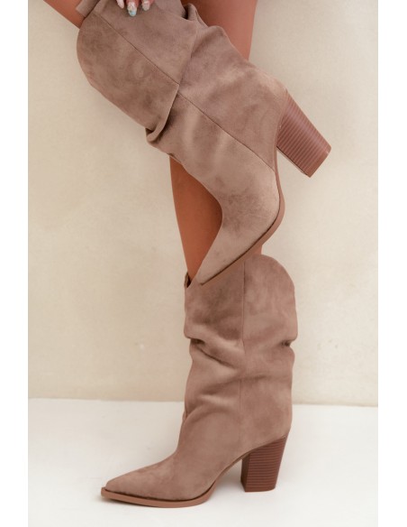 Women's Beige Suede Ankle Boots With Ruching On Block Heel Inela
