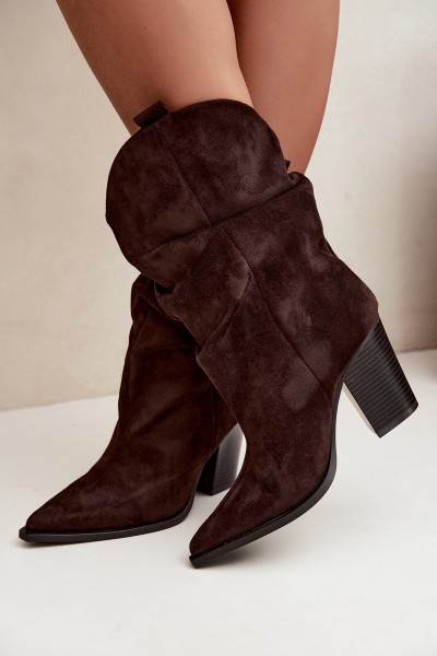 Women's Suede Ankle Boots with Ruffles on Block Heel Chocolate Brown Inela