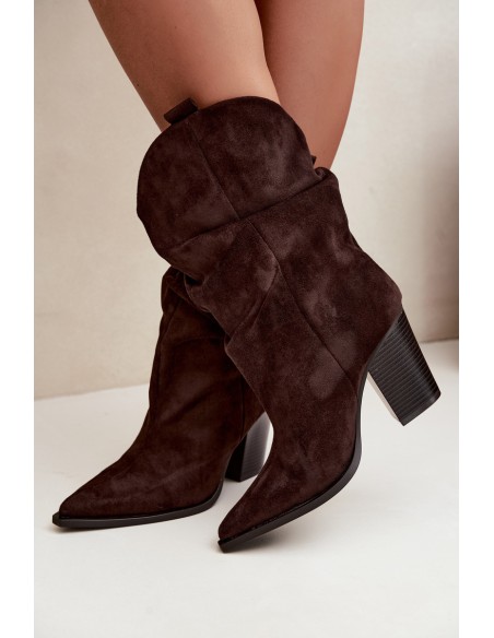 Women's Suede Ankle Boots with Ruffles on Block Heel Chocolate Brown Inela