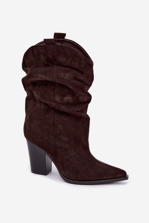 Women's Suede Ankle Boots with Ruffles on Block Heel Chocolate Brown Inela