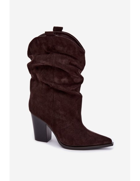 Women's Suede Ankle Boots with Ruffles on Block Heel Chocolate Brown Inela
