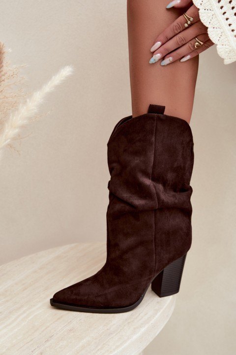 Women's Suede Ankle Boots with Ruffles on Block Heel Chocolate Brown Inela