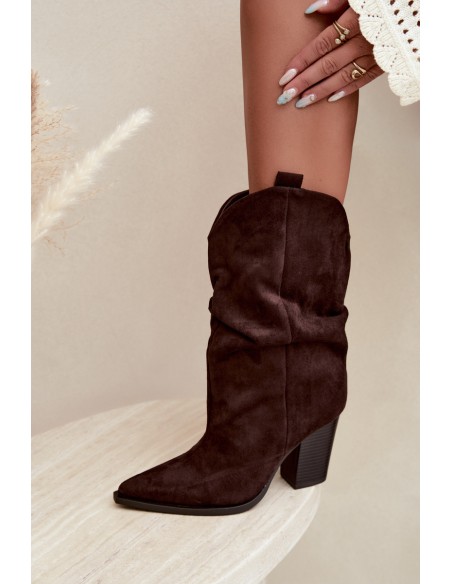 Women's Suede Ankle Boots with Ruffles on Block Heel Chocolate Brown Inela