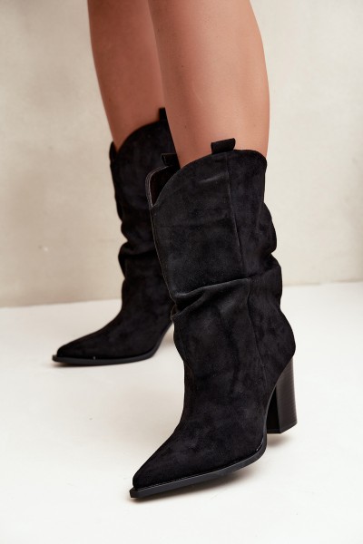 Women's Suede Ankle Boots with Ruching on Stiletto Heel Black Inela
