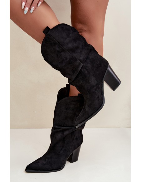 Women's Suede Ankle Boots with Ruching on Stiletto Heel Black Inela