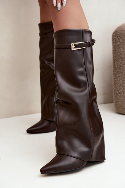 Chocolaty Amrie Block Heel Boots with Curved Shaft and Buckle