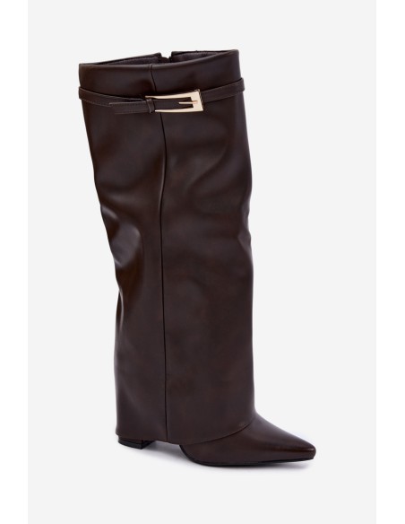 Chocolaty Amrie Block Heel Boots with Curved Shaft and Buckle