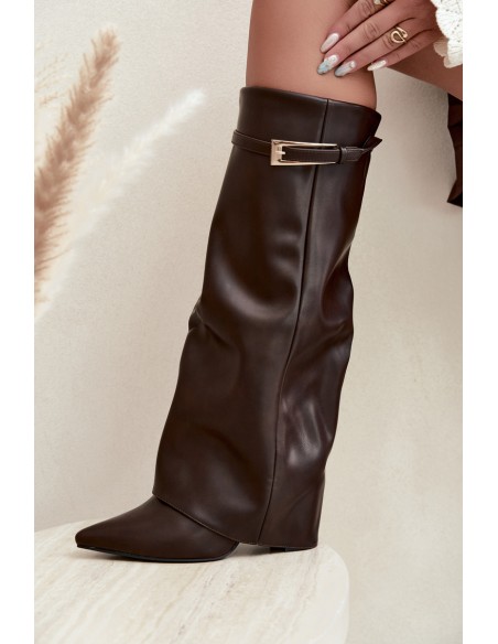 Chocolaty Amrie Block Heel Boots with Curved Shaft and Buckle