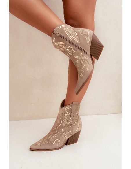Beige Cowboy Ankle Boots with Gold Embellishment Selden