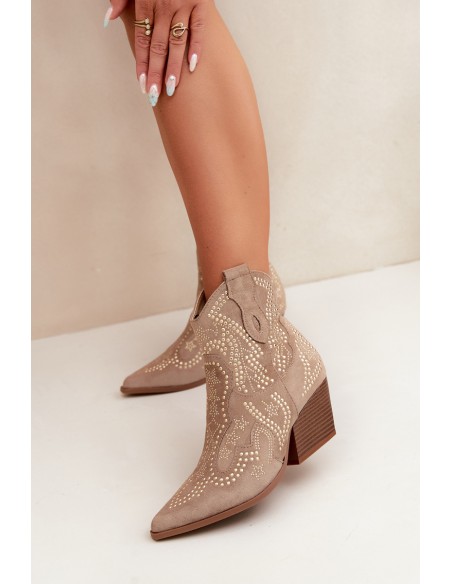 Beige Cowboy Ankle Boots with Gold Embellishment Selden
