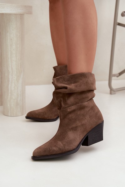 Women's Brown Ruffled Natural Suede Ankle Boots with Heel Merrin