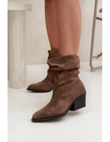 Women's Brown Ruffled Natural Suede Ankle Boots with Heel Merrin