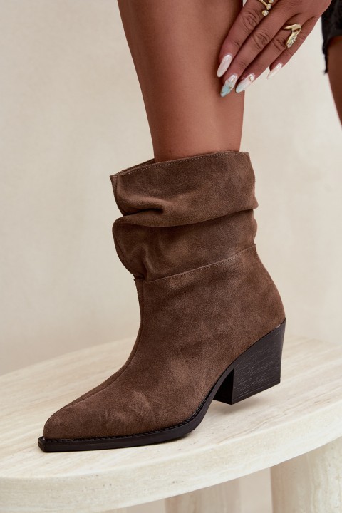 Women's Brown Ruffled Natural Suede Ankle Boots with Heel Merrin