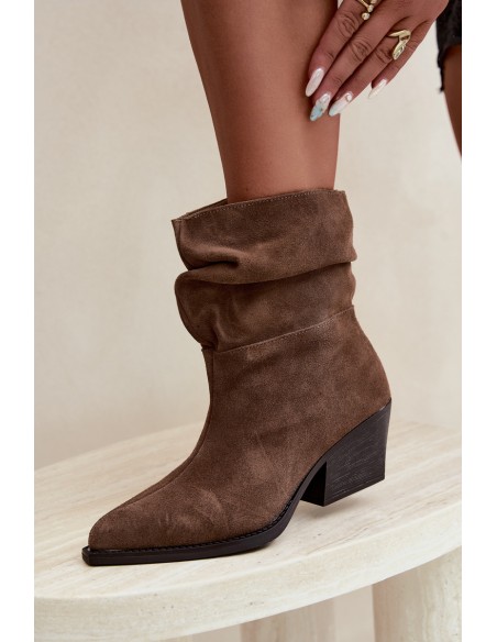 Women's Brown Ruffled Natural Suede Ankle Boots with Heel Merrin