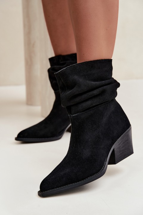 Black Natural Suede Ruched Block Heel Ankle Boots Merrin