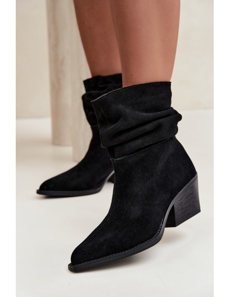 Black Natural Suede Ruched Block Heel Ankle Boots Merrin