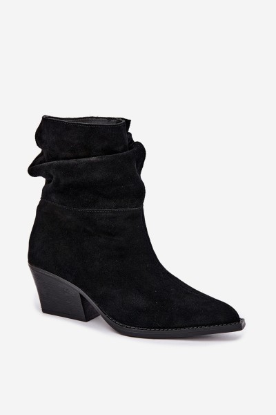 Black Natural Suede Ruched Block Heel Ankle Boots Merrin 2