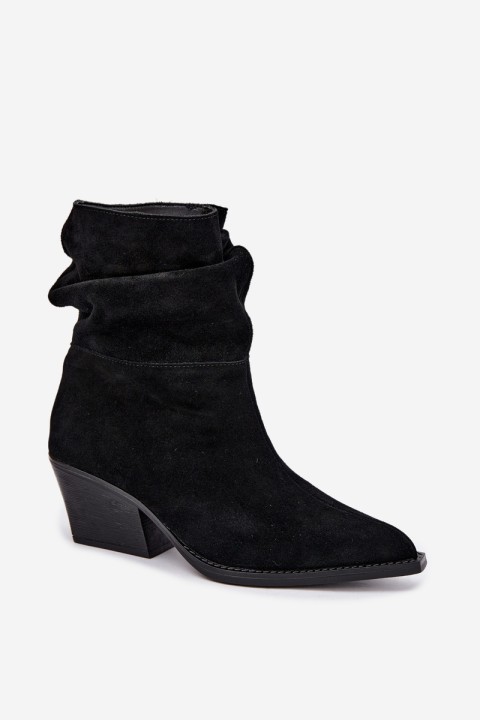 Black Natural Suede Ruched Block Heel Ankle Boots Merrin