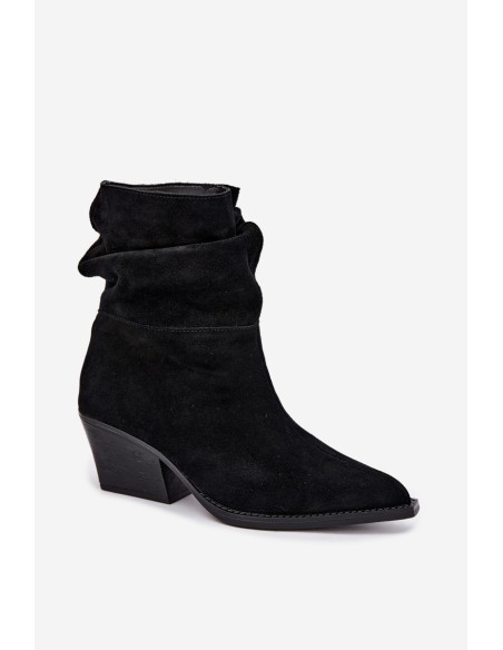 Black Natural Suede Ruched Block Heel Ankle Boots Merrin
