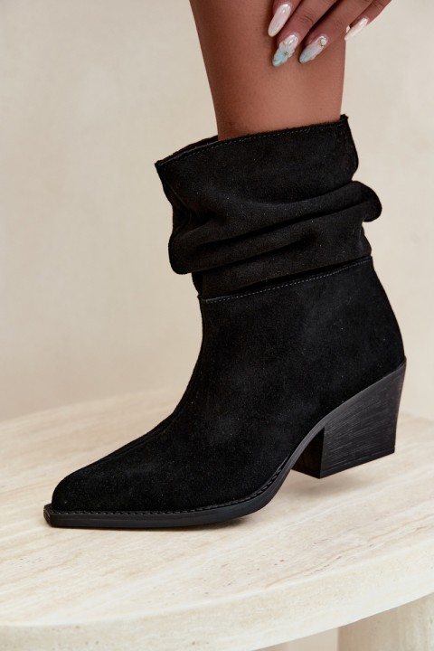 Black Natural Suede Ruched Block Heel Ankle Boots Merrin