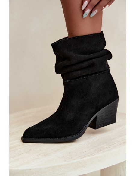Black Natural Suede Ruched Block Heel Ankle Boots Merrin