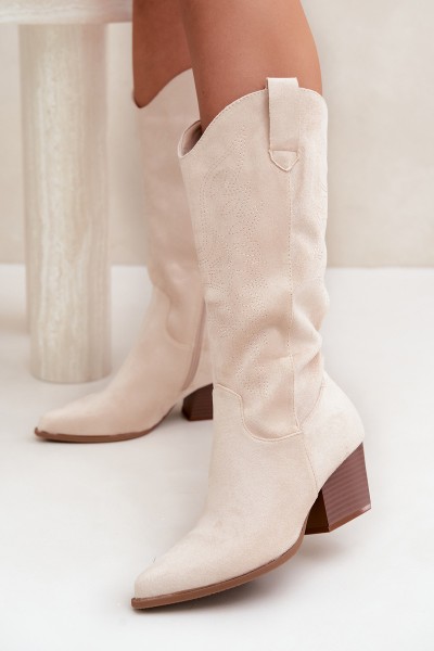 Women's Light Beige Leather Cowboy Boots With Heel Hartley