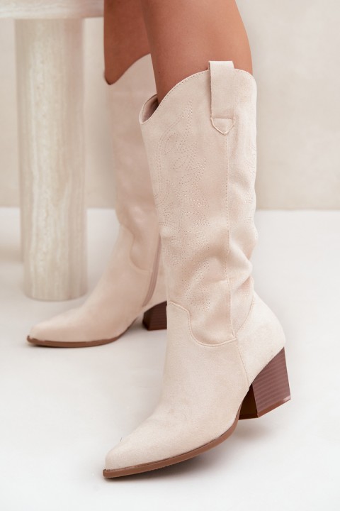 Women's Light Beige Leather Cowboy Boots With Heel Hartley
