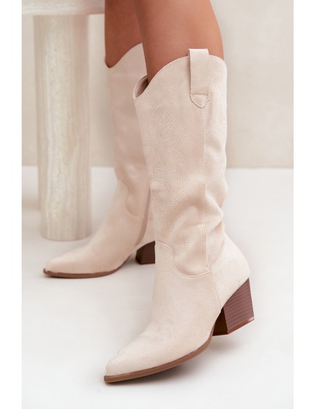 Women's Light Beige Leather Cowboy Boots With Heel Hartley