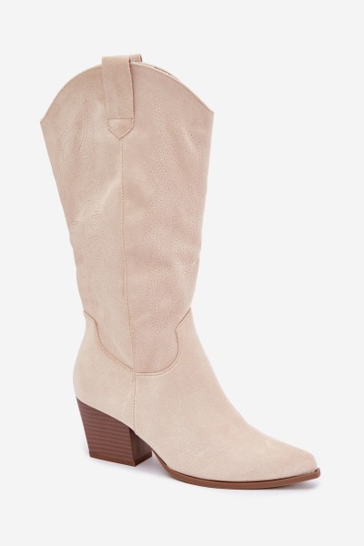 Women's Light Beige Leather Cowboy Boots With Heel Hartley 2