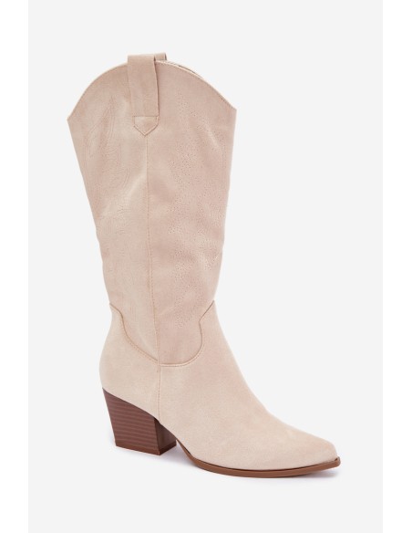 Women's Light Beige Leather Cowboy Boots With Heel Hartley