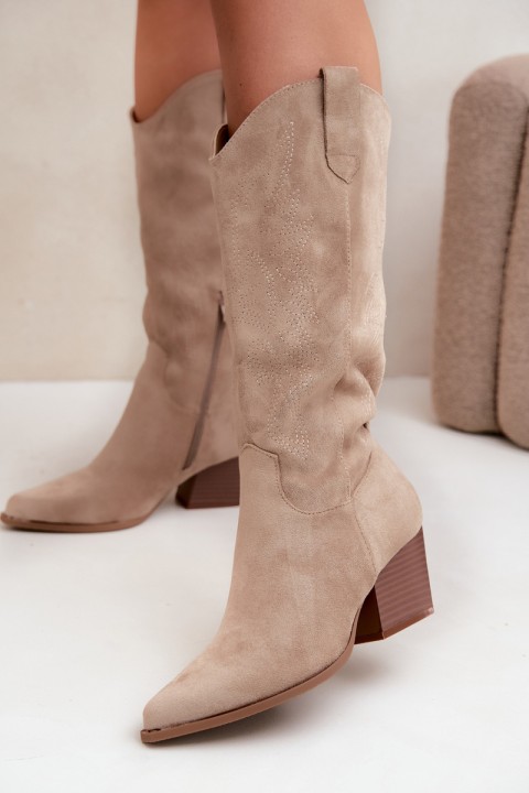 Knee-high Cowboy Boots with Heel Khaki Hartley