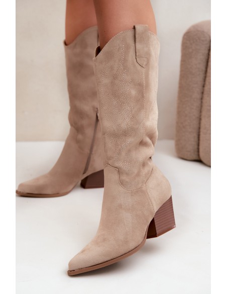 Knee-high Cowboy Boots with Heel Khaki Hartley