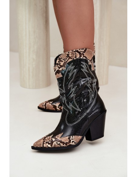 Insulated Cowboy Boots With Embossed Design Column Heel Black-Brown Amber