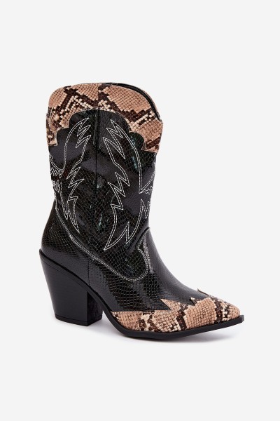 Insulated Cowboy Boots With Embossed Design Column Heel Black-Brown Amber 2