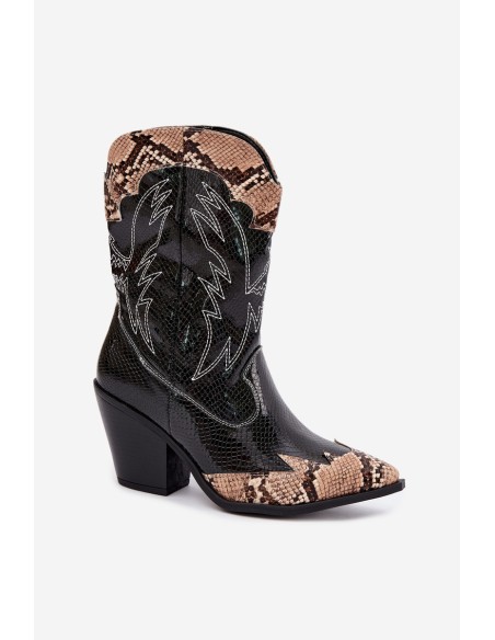 Insulated Cowboy Boots With Embossed Design Column Heel Black-Brown Amber