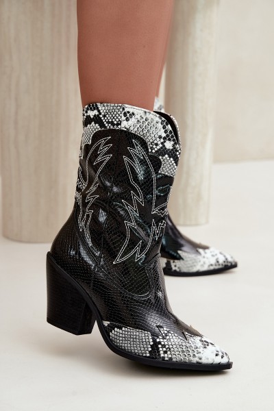 Insulated Cowboy Boots With Embossing Block Heel Black and White Ambery