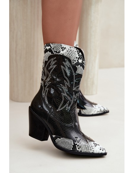 Insulated Cowboy Boots With Embossing Block Heel Black and White Ambery