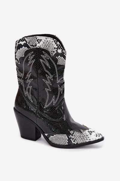 Insulated Cowboy Boots With Embossing Block Heel Black and White Ambery 2