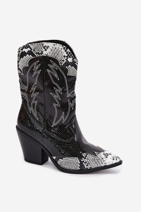 Insulated Cowboy Boots With Embossing Block Heel Black and White Ambery