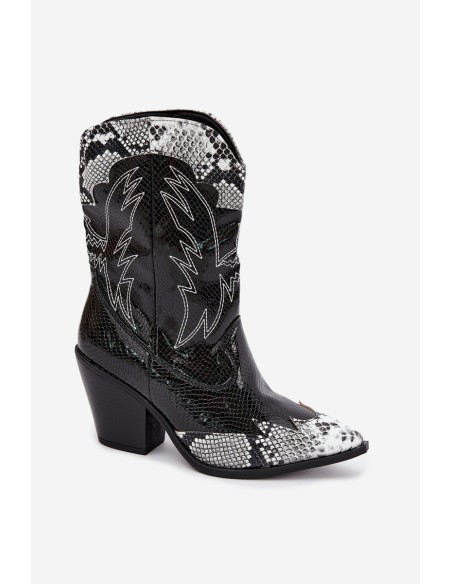 Insulated Cowboy Boots With Embossing Block Heel Black and White Ambery