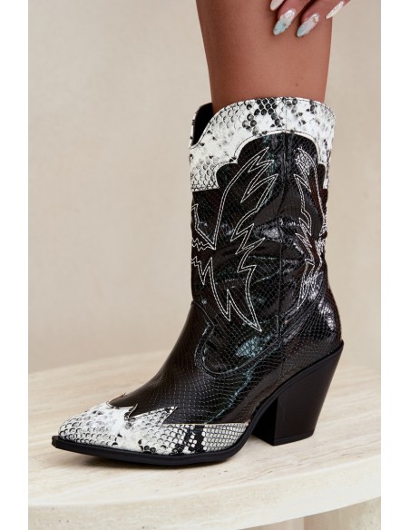 Insulated Cowboy Boots With Embossing Block Heel Black and White Ambery