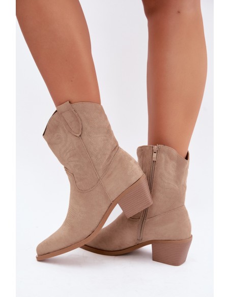 Women's Beige Cowboy Ankle Boots With Heel Lining Corlie
