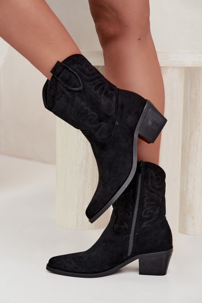 Women's Black Fur-Lined Cowboy Ankle Boots with Heel Corlie