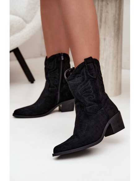 Women's Black Fur-Lined Cowboy Ankle Boots with Heel Corlie